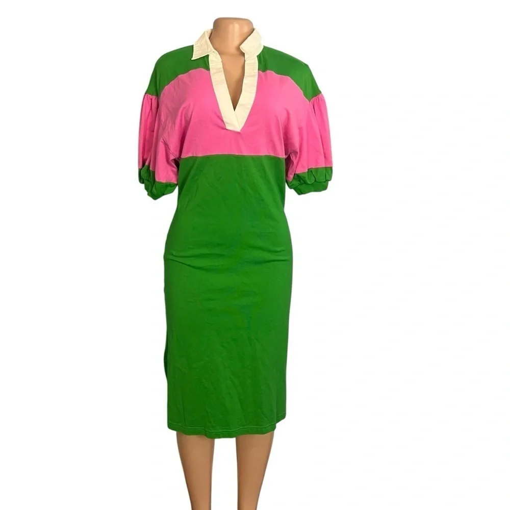 Kate Spade New York Colorblock Green and Pink Pattern Midi Length Dress